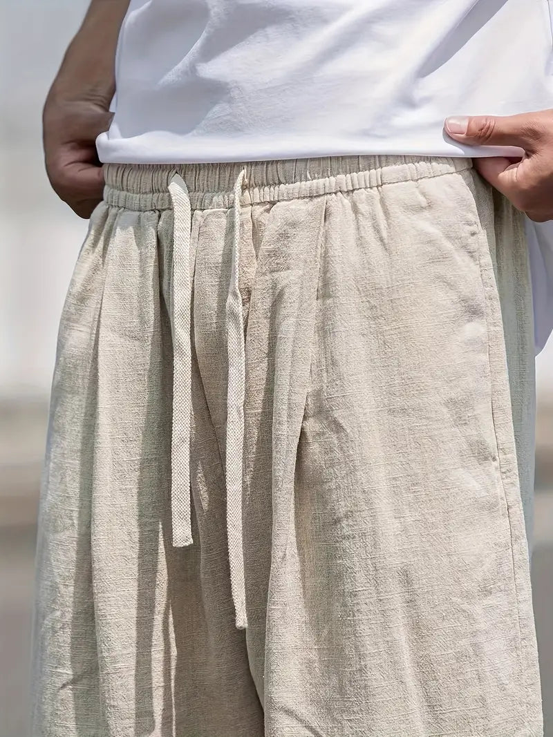 Men's Linen Trousers - Wide Leg Full Length Elastic Drawstring Waist - Hudson Harper - Men Pants