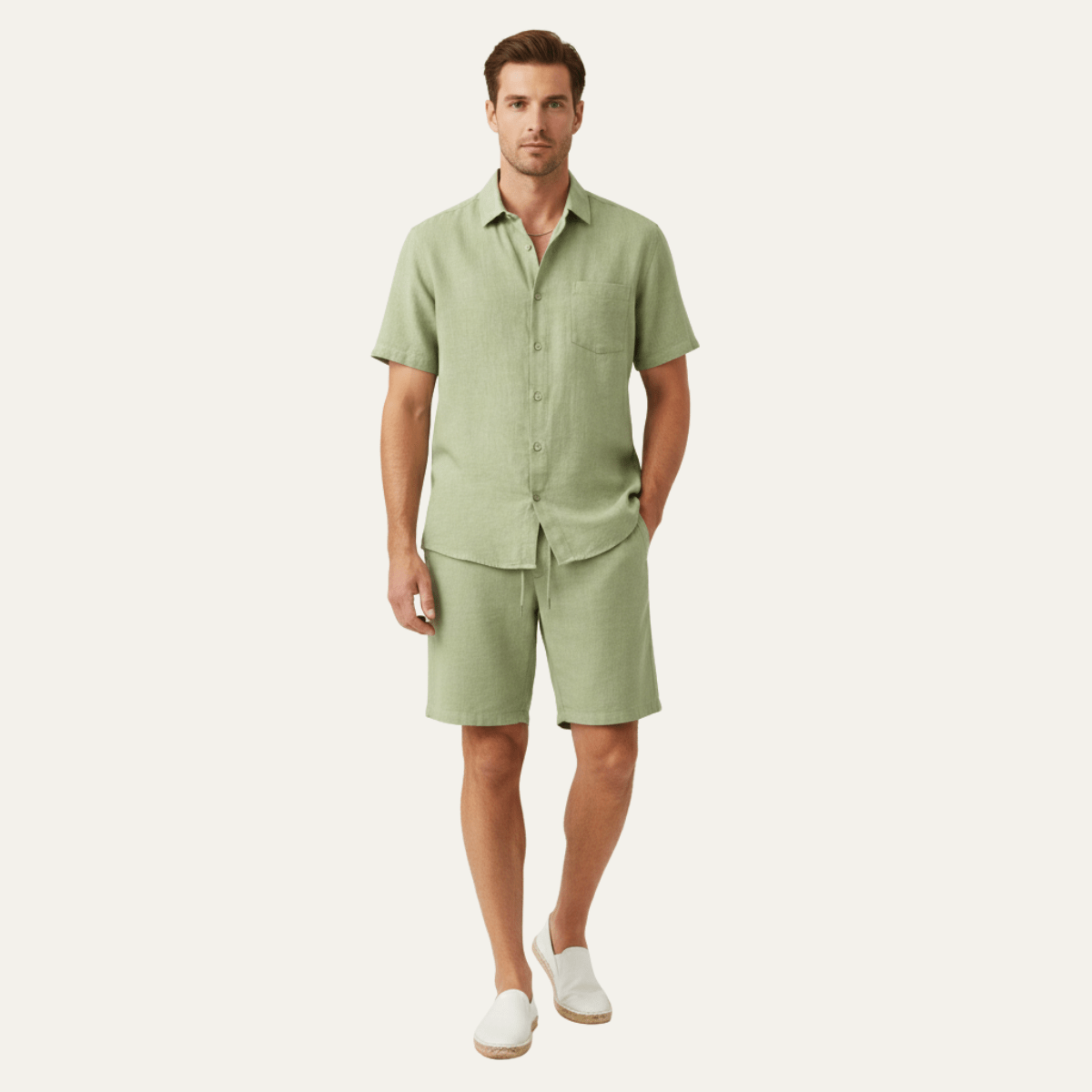 Men's Linen Two - Piece Set - Relaxed Fit Short Sleeve Button Shirt & Shorts - Hudson Harper - Men Set