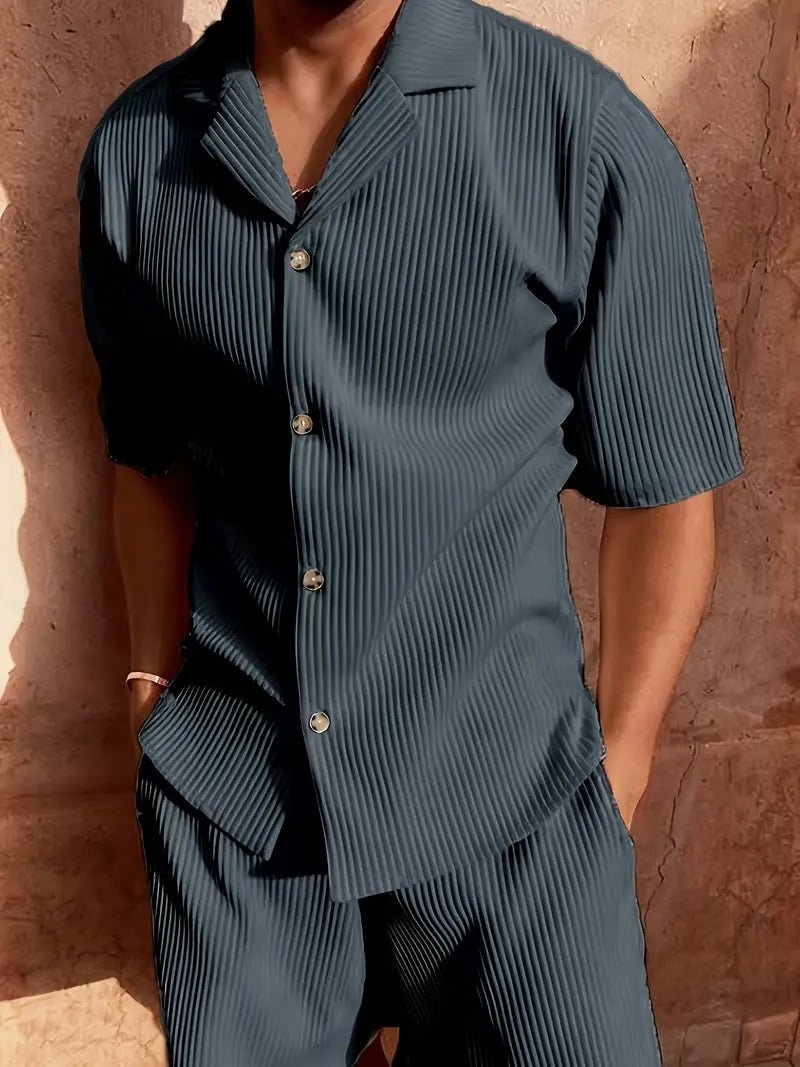Men's Linen Two - Piece Set - Relaxed Fit Short Sleeve Open Collar & Trousers - Hudson Harper - Men Set