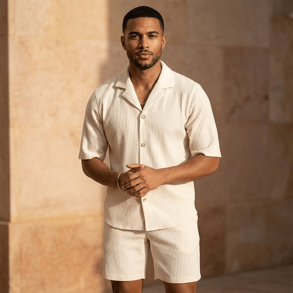 Men's Linen Two - Piece Set - Relaxed Fit Short Sleeve Open Collar & Trousers - Hudson Harper - Men Set