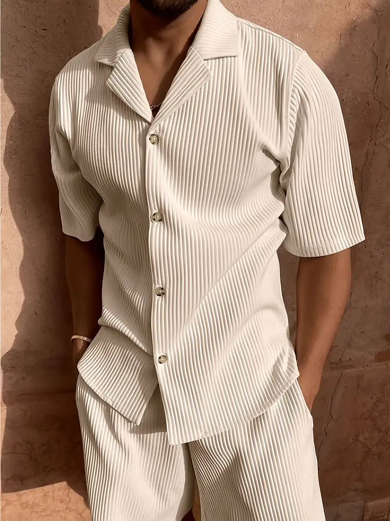 Men's Linen Two - Piece Set - Relaxed Fit Short Sleeve Open Collar & Trousers - Hudson Harper - Men Set