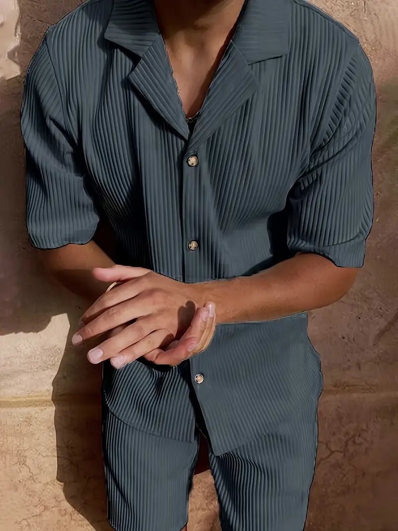 Men's Linen Two - Piece Set - Relaxed Fit Short Sleeve Open Collar & Trousers - Hudson Harper - Men Set