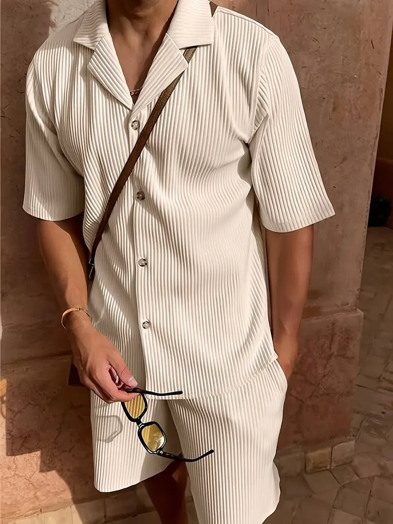 Men's Linen Two - Piece Set - Relaxed Fit Short Sleeve Open Collar & Trousers - Hudson Harper - Men Set