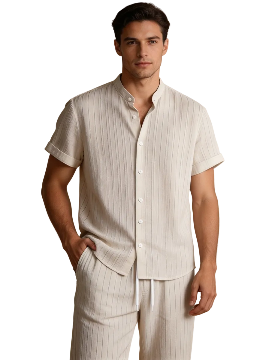 Men's Linen Two-Piece Set — Short Sleeve Top & Drawstring Trousers