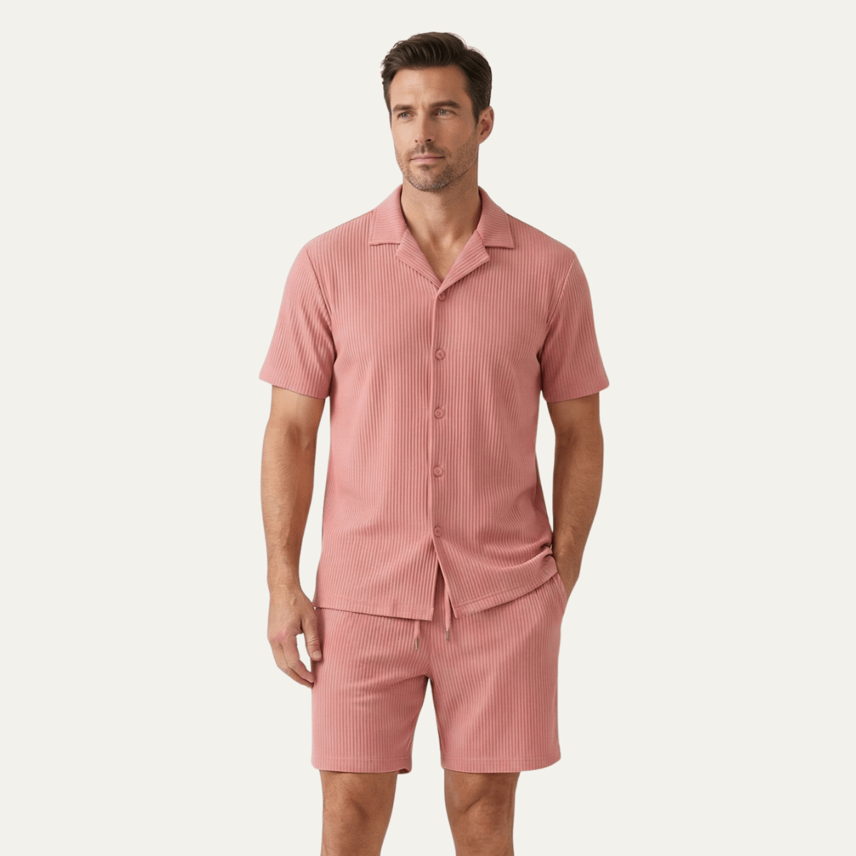 Men's Lounge Set — Ribbed Short Sleeve Top & Drawstring Shorts - Hudson Harper - Men Set