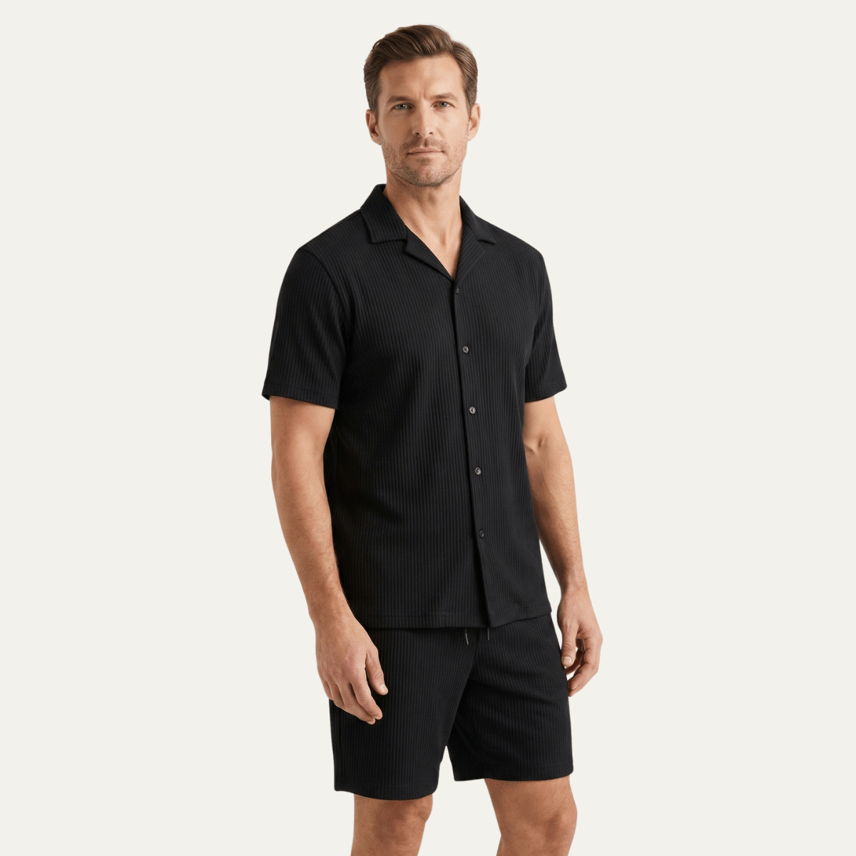 Men's Lounge Set — Ribbed Short Sleeve Top & Drawstring Shorts - Hudson Harper - Men Set