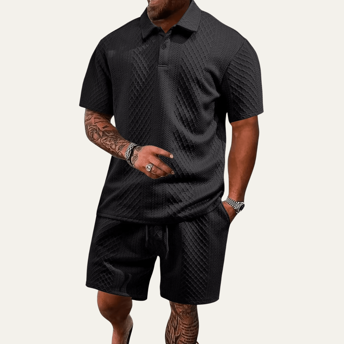 Men's Polo Set — Jacquard Short Sleeve Drawstring Shorts Design - Hudson Harper - Men Set