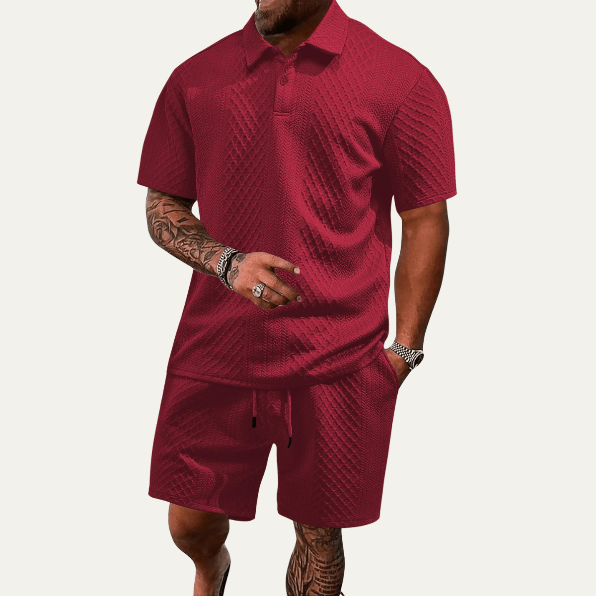 Men's Polo Set — Jacquard Short Sleeve Drawstring Shorts Design - Hudson Harper - Men Set