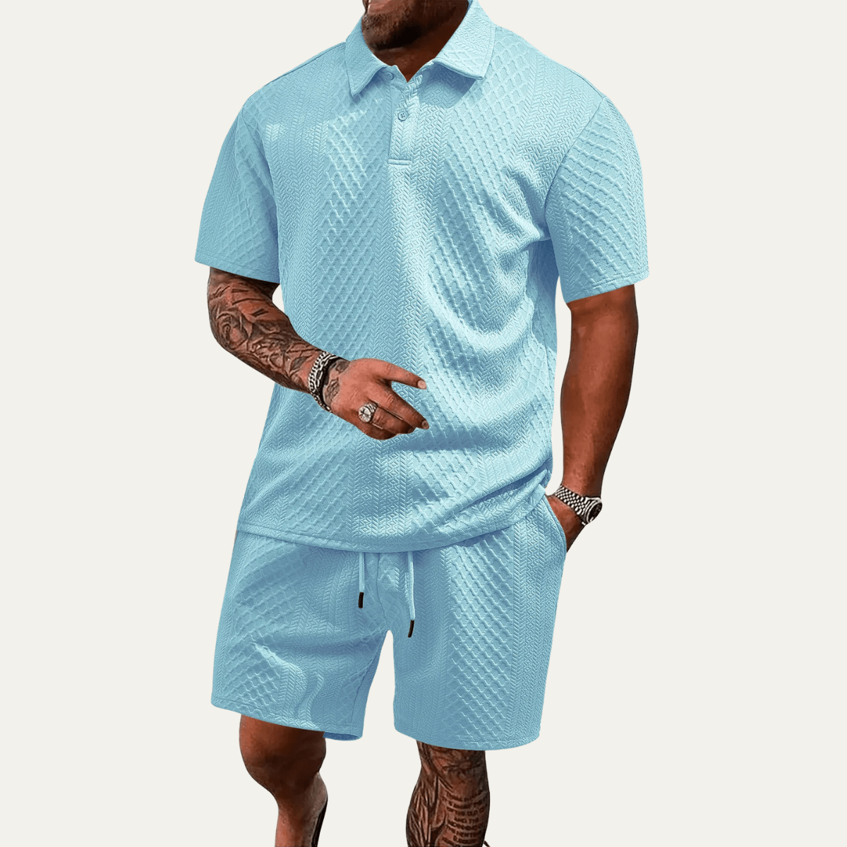 Men's Polo Set — Jacquard Short Sleeve Drawstring Shorts Design - Hudson Harper - Men Set