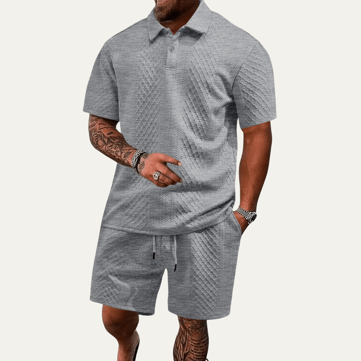 Men's Polo Set — Jacquard Short Sleeve Drawstring Shorts Design - Hudson Harper - Men Set
