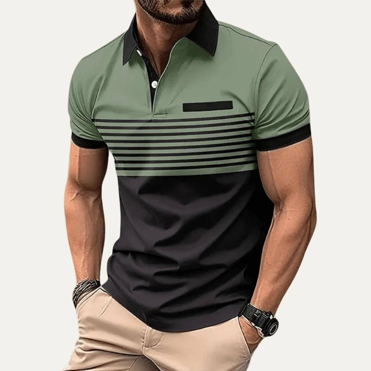 Men's Polo Shirt — Slim Fit Striped Pattern Button Collar - Hudson Harper - Men Shirt