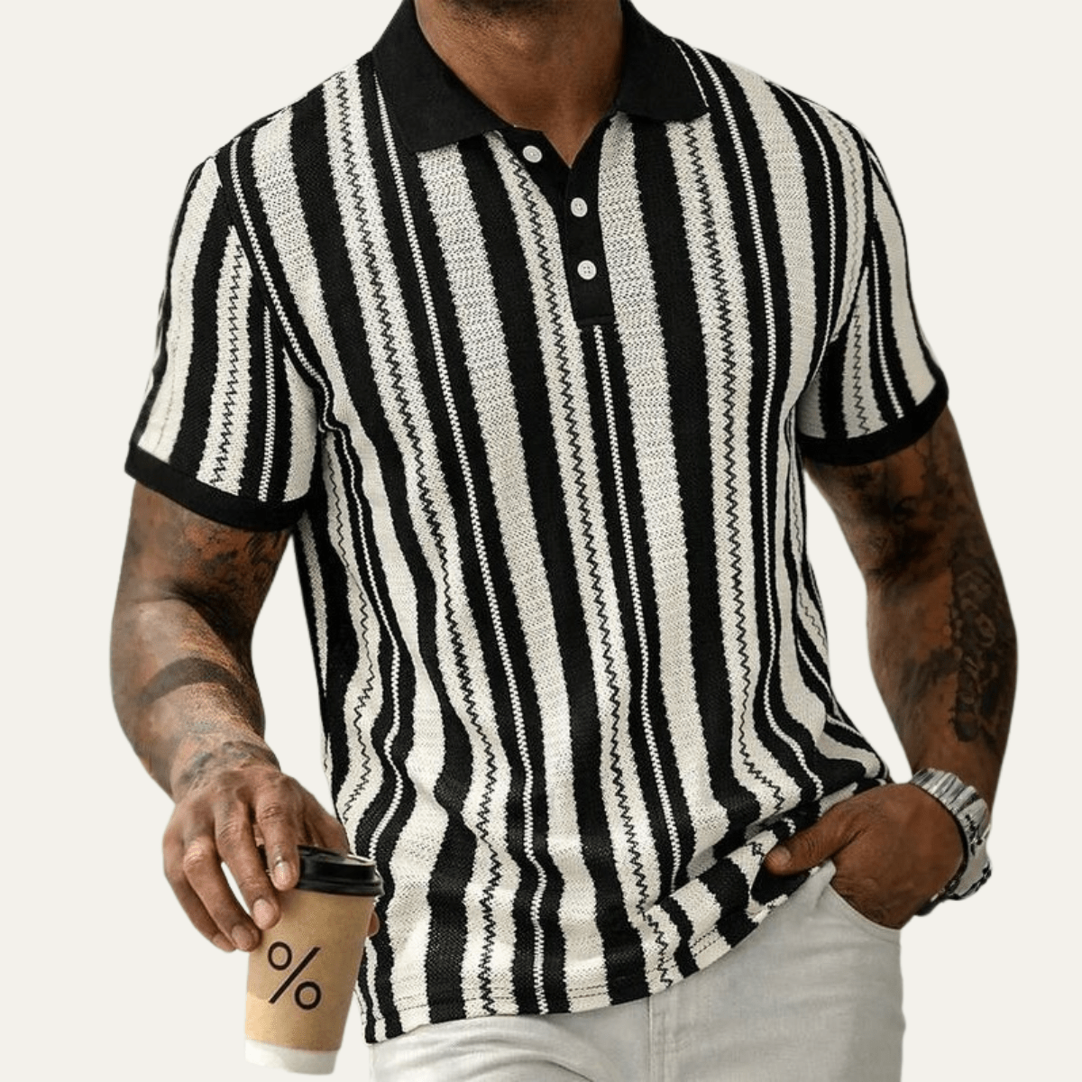 Men's Polo Shirt — Striped Knit Short Sleeve Collar Design - Hudson Harper - Men Shirt