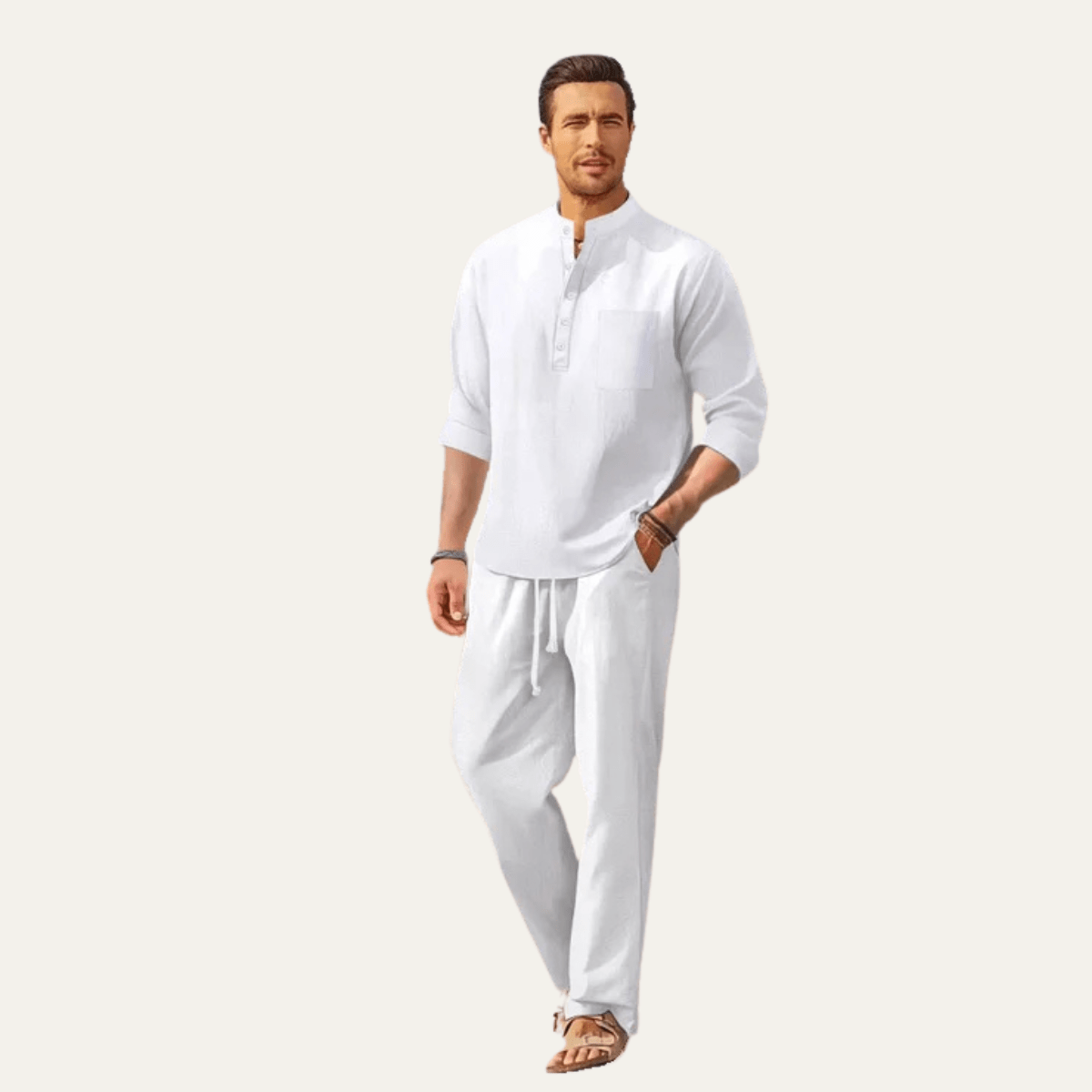 Men's Shirt Set — Long Sleeve Stand Collar Drawstring Pants - Hudson Harper - Men Set