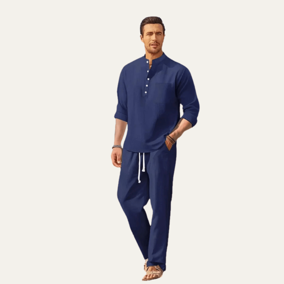 Men's Shirt Set — Long Sleeve Stand Collar Drawstring Pants - Hudson Harper - Men Set