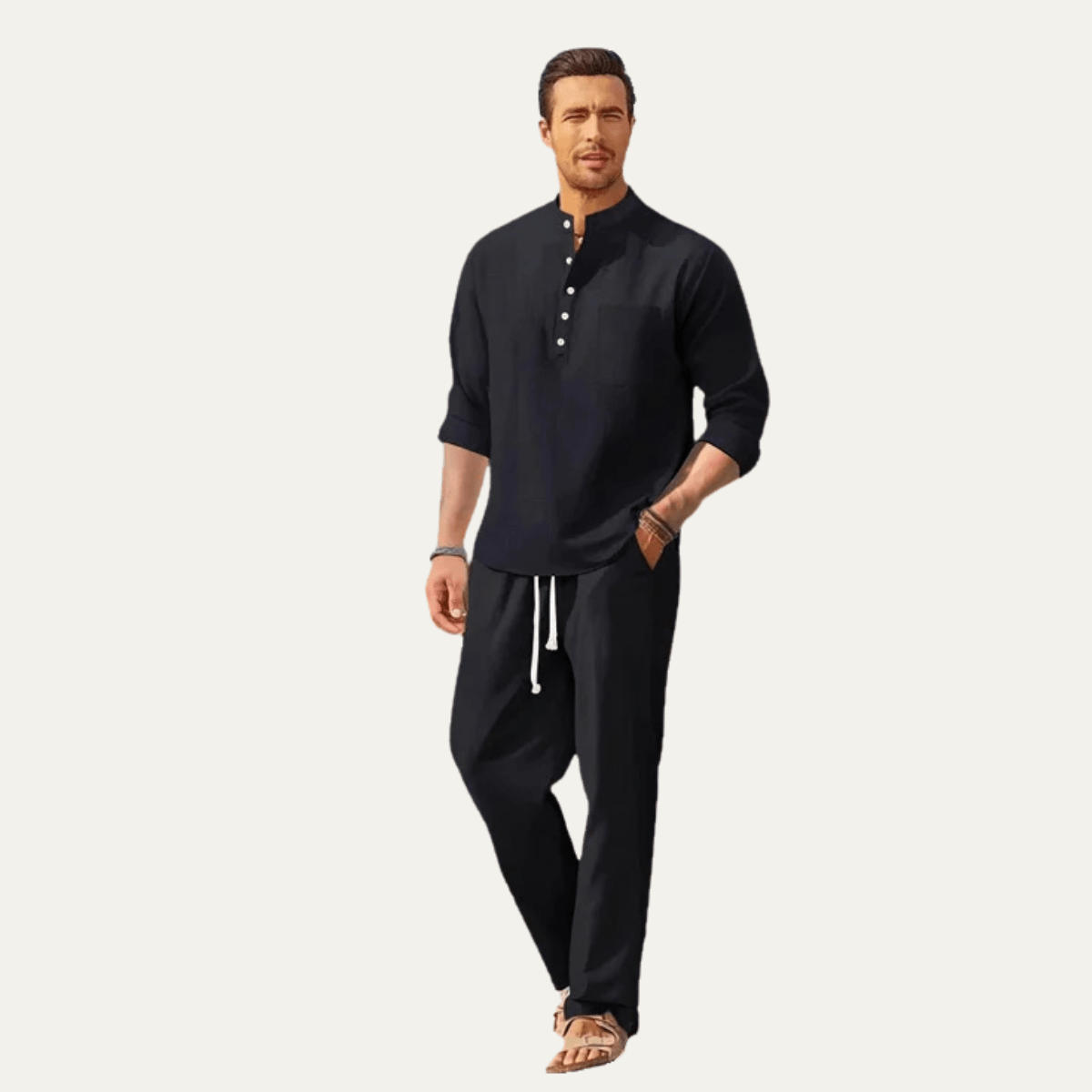 Men's Shirt Set — Long Sleeve Stand Collar Drawstring Pants - Hudson Harper - Men Set