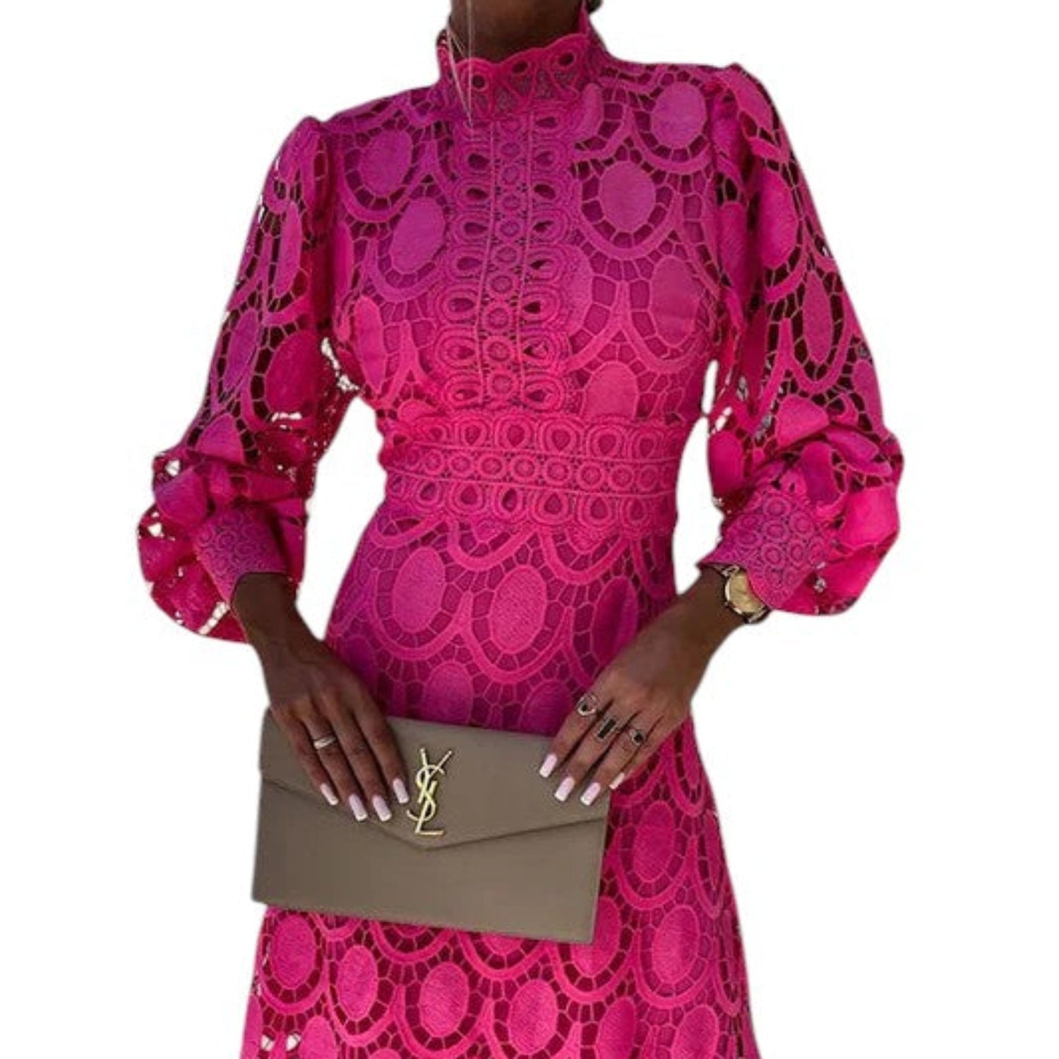 Midi Dress Women Lace High Neck Puff Sleeves Elegant Occasions - Hudson Harper - Midi Dresses