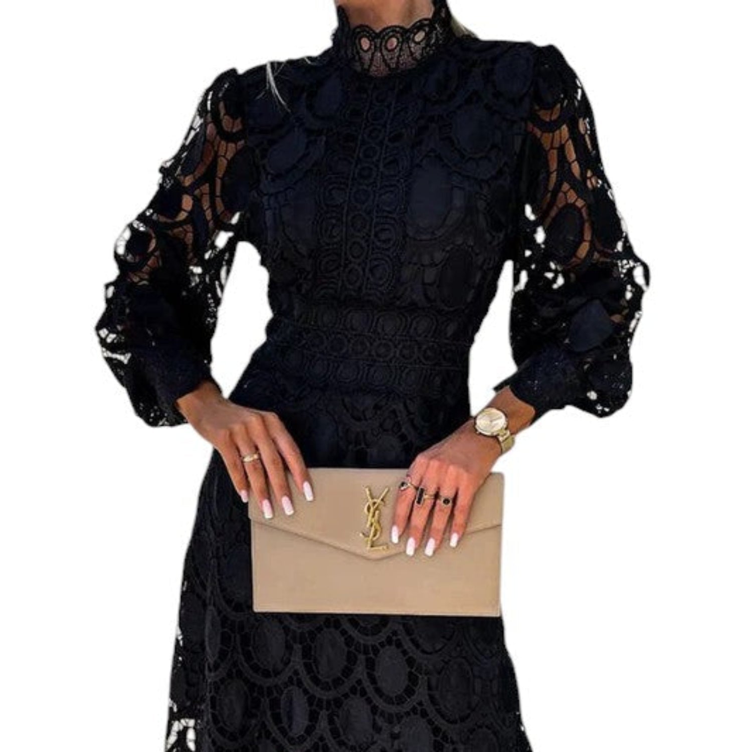 Midi Dress Women Lace High Neck Puff Sleeves Elegant Occasions - Hudson Harper - Midi Dresses