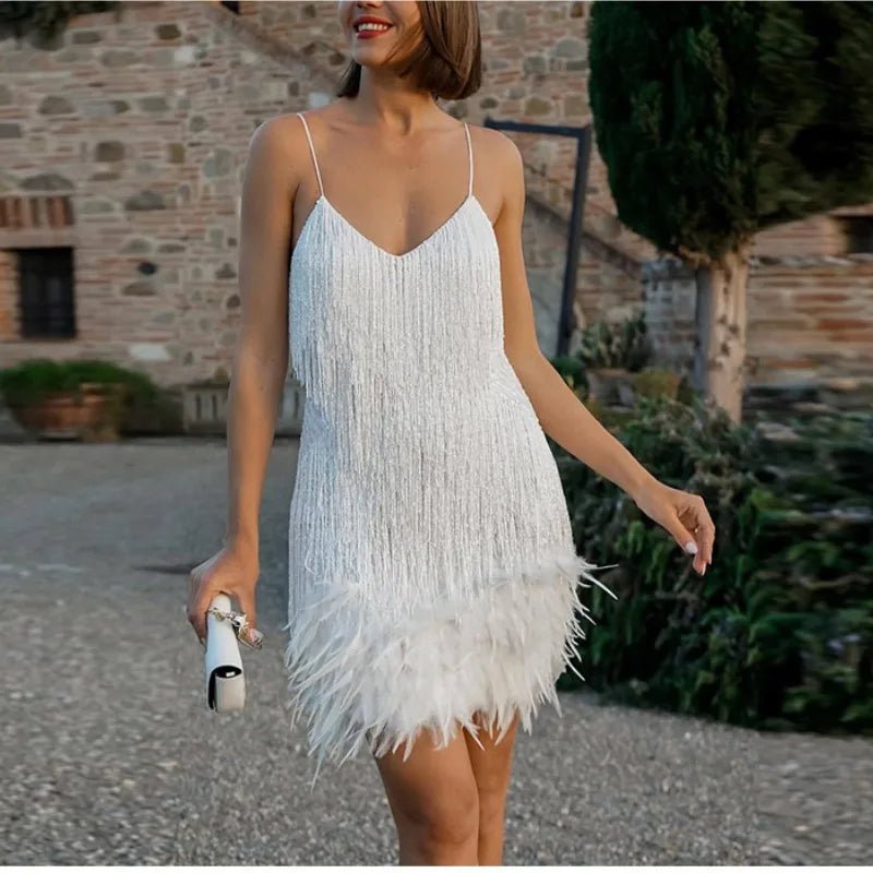 Mini Dress Women Sequined Surface with Feather Detail Design Feature - Hudson Harper - Women Dress