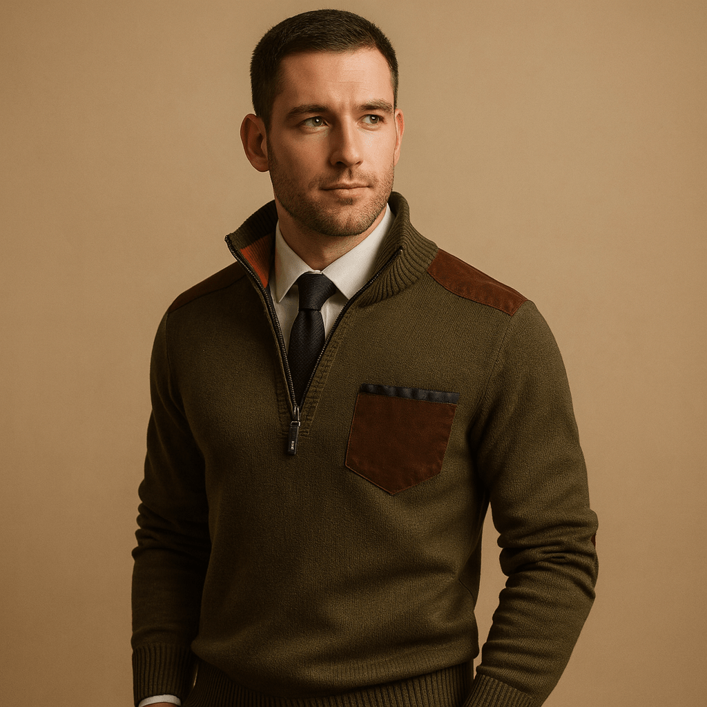 Pullover Sweater Men Half Zip Collared Design with Chest Pocket - Hudson Harper - Men Sweaters