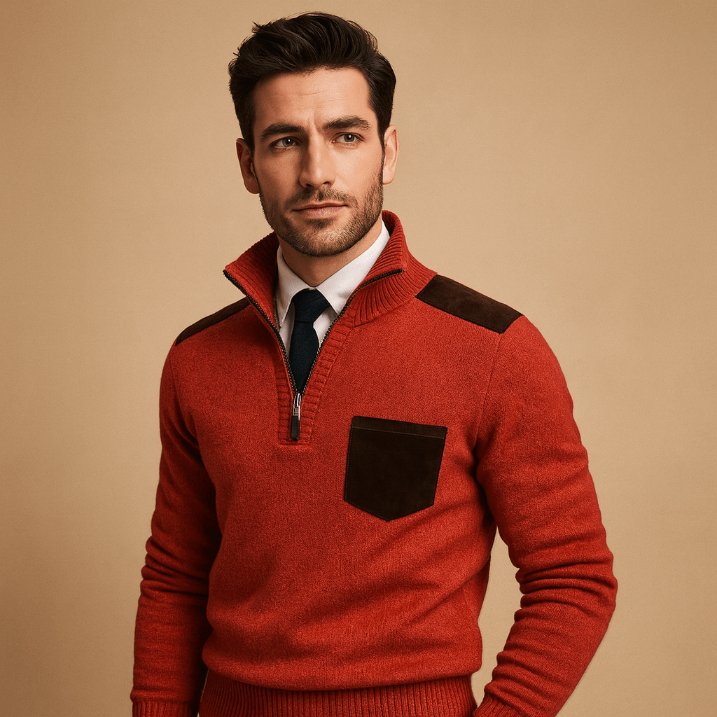 Pullover Sweater Men Half Zip Collared Design with Chest Pocket - Hudson Harper - Men Sweaters