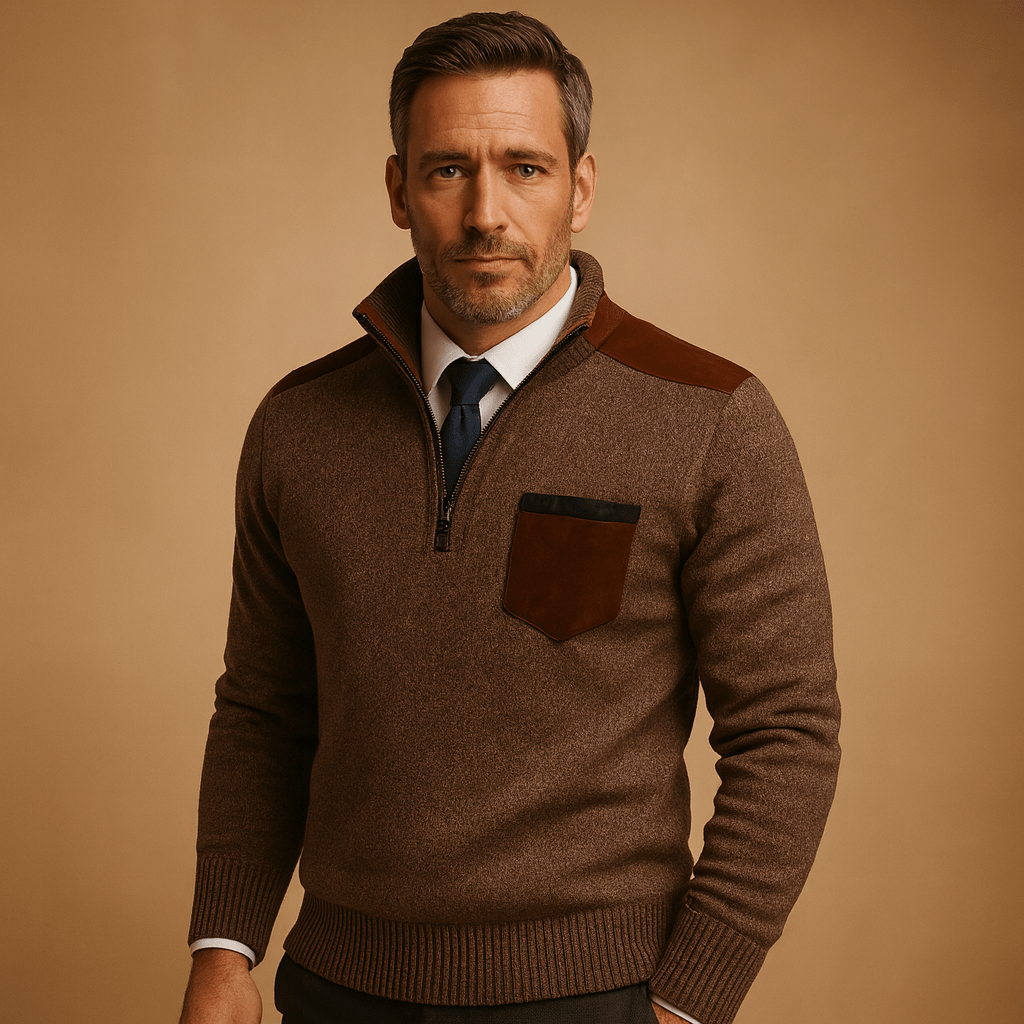 Pullover Sweater Men Half Zip Collared Design with Chest Pocket - Hudson Harper - Men Sweaters