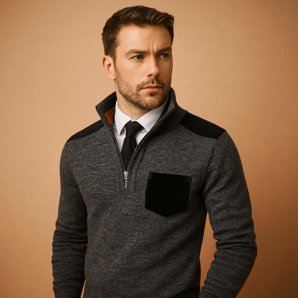 Pullover Sweater Men Half Zip Collared Design with Chest Pocket - Hudson Harper - Men Sweaters