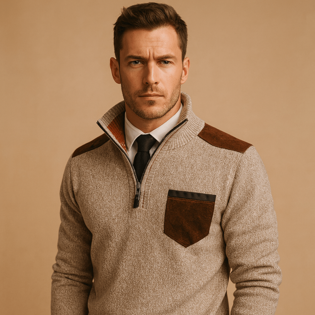 Pullover Sweater Men Half Zip Collared Design with Chest Pocket - Hudson Harper - Men Sweaters