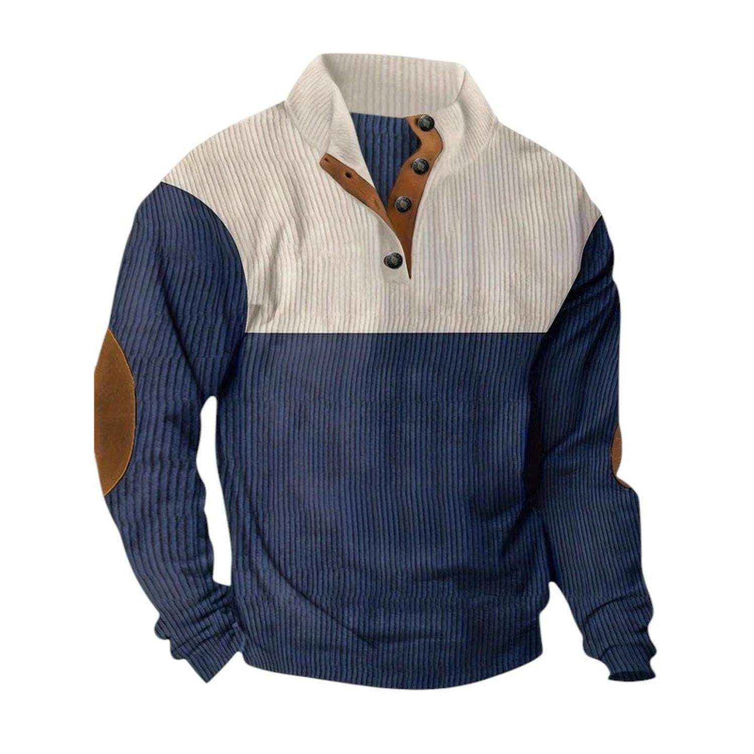 Pullover Sweater Men Ribbed Quarter Button Stand Collar Long Sleeve Elbow Patches - Hudson Harper - Sweatshirts