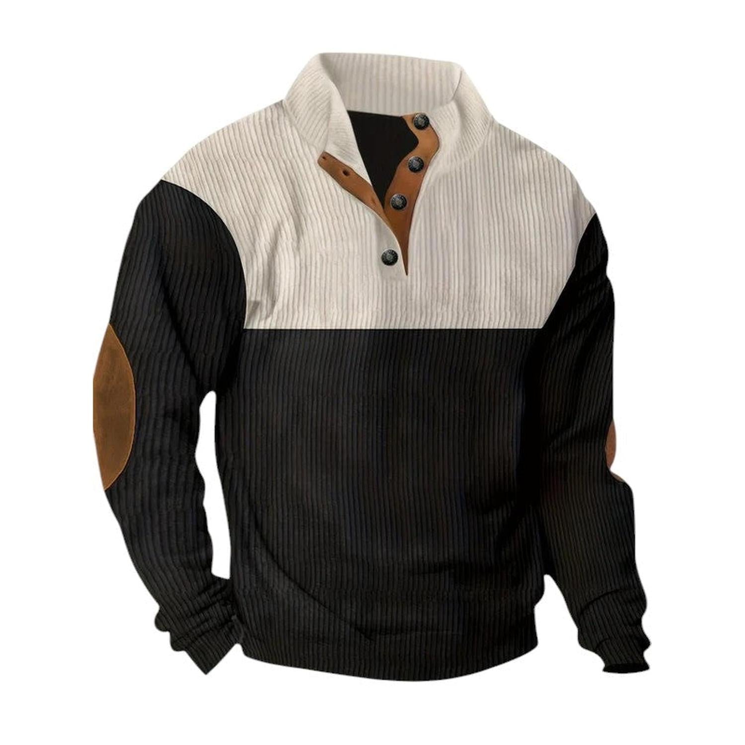 Pullover Sweater Men Ribbed Quarter Button Stand Collar Long Sleeve Elbow Patches - Hudson Harper - Sweatshirts