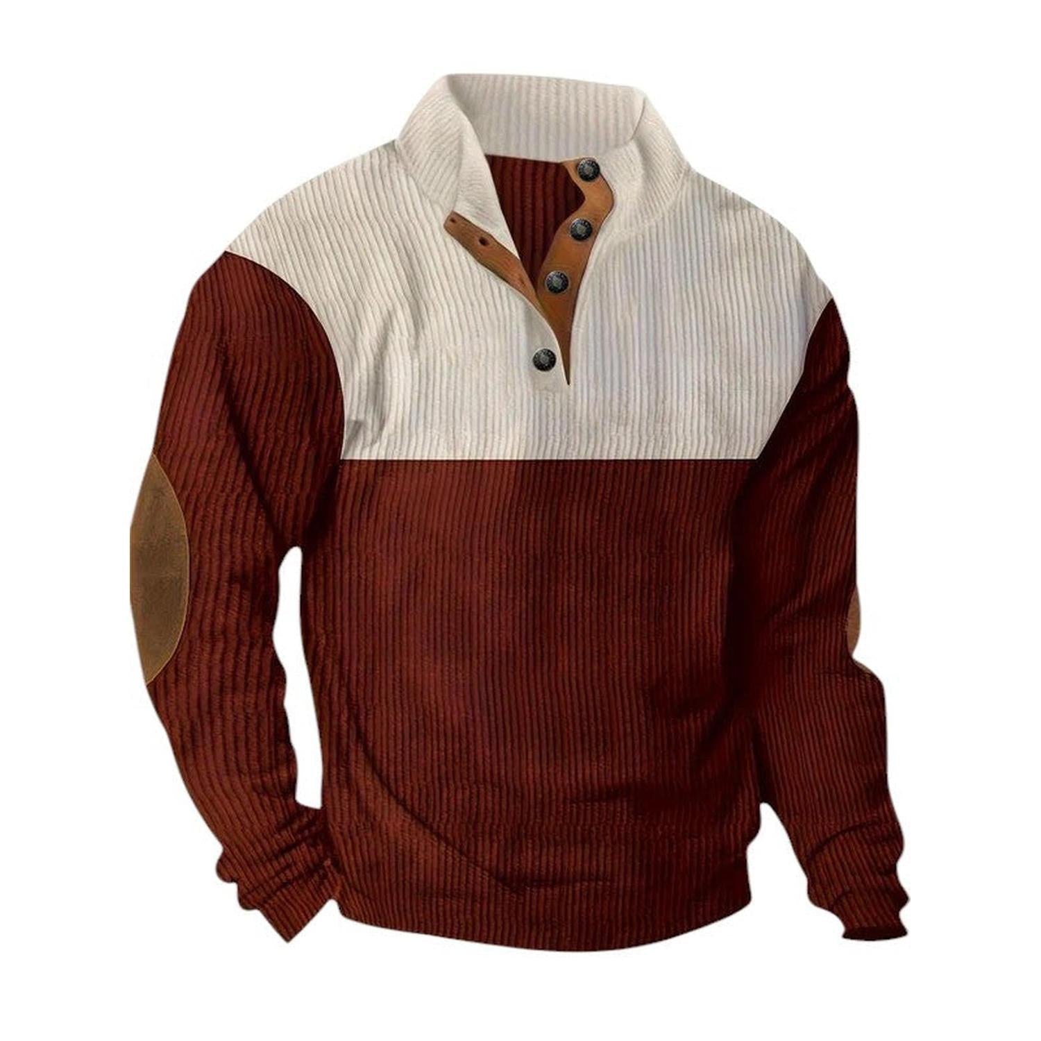 Pullover Sweater Men Ribbed Quarter Button Stand Collar Long Sleeve Elbow Patches - Hudson Harper - Sweatshirts
