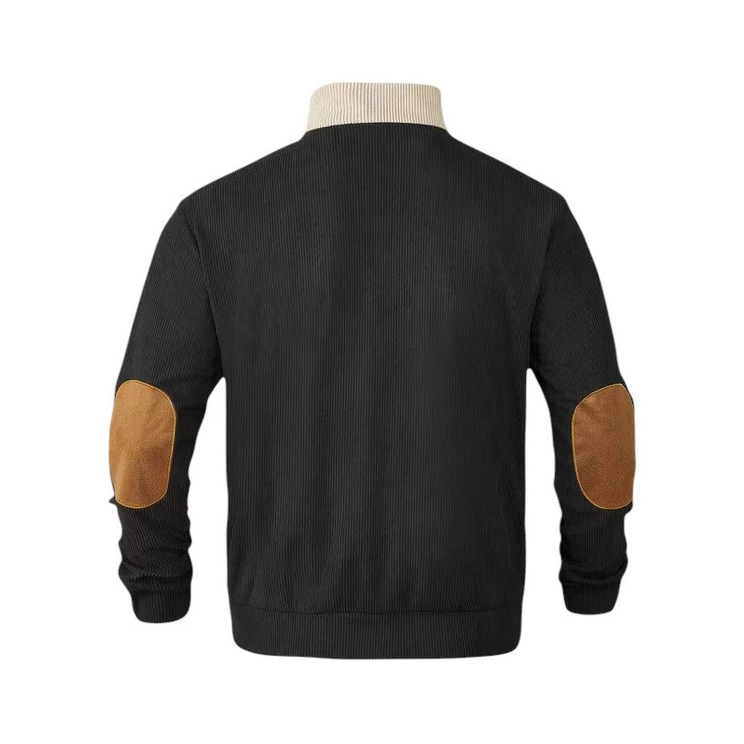 Pullover Sweater Men Ribbed Quarter Button Stand Collar Long Sleeve Elbow Patches - Hudson Harper - Sweatshirts