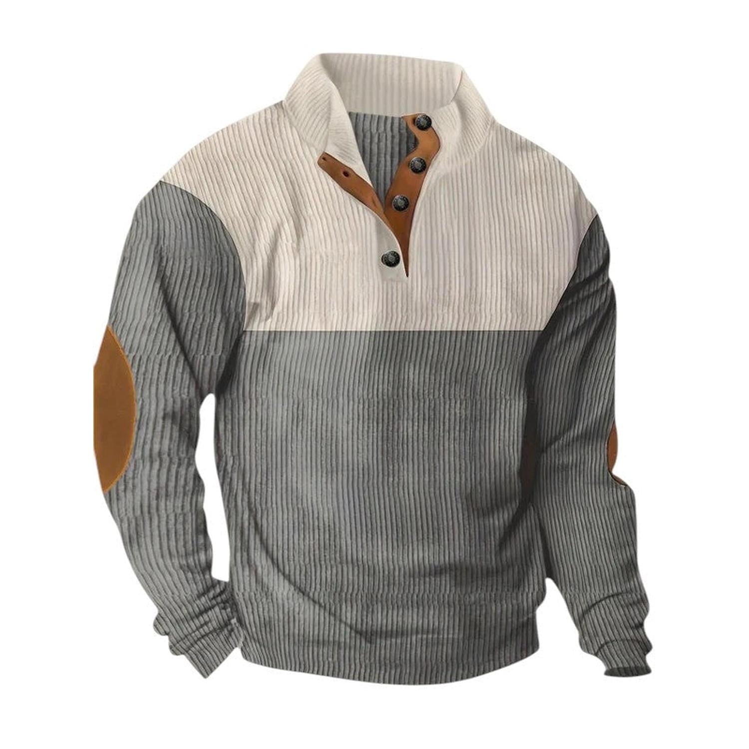 Pullover Sweater Men Ribbed Quarter Button Stand Collar Long Sleeve Elbow Patches - Hudson Harper - Sweatshirts