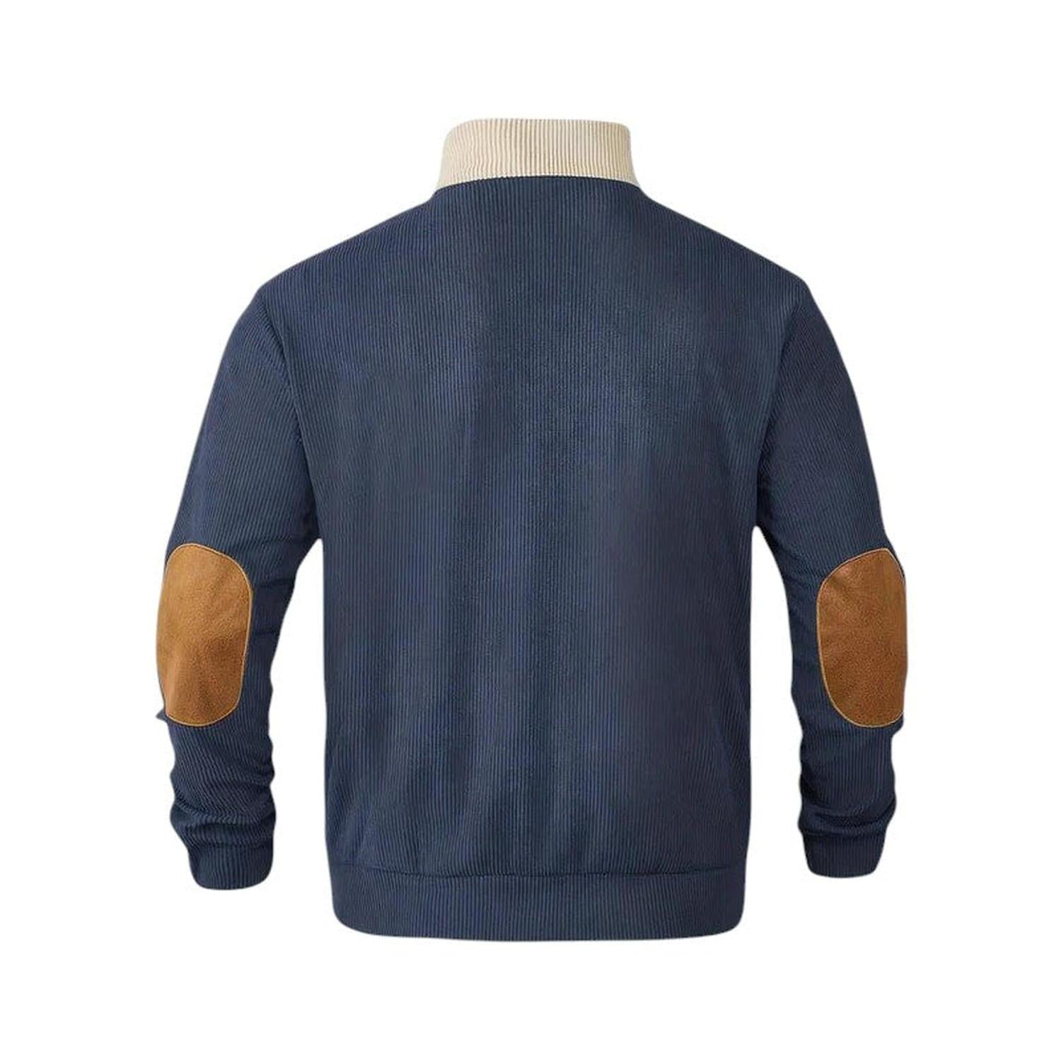 Pullover Sweater Men Ribbed Quarter Button Stand Collar Long Sleeve Elbow Patches - Hudson Harper - Sweatshirts