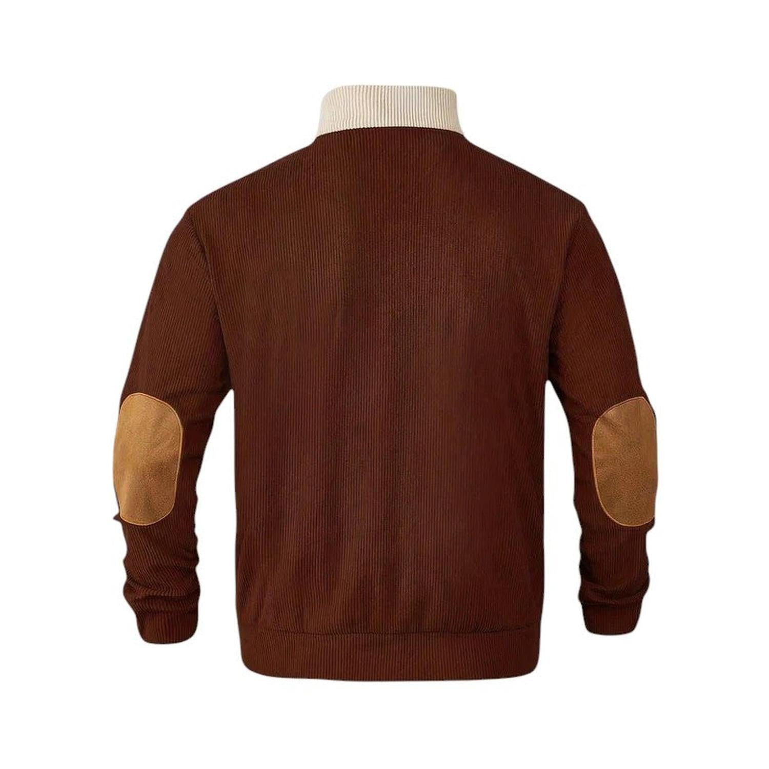 Pullover Sweater Men Ribbed Quarter Button Stand Collar Long Sleeve Elbow Patches - Hudson Harper - Sweatshirts