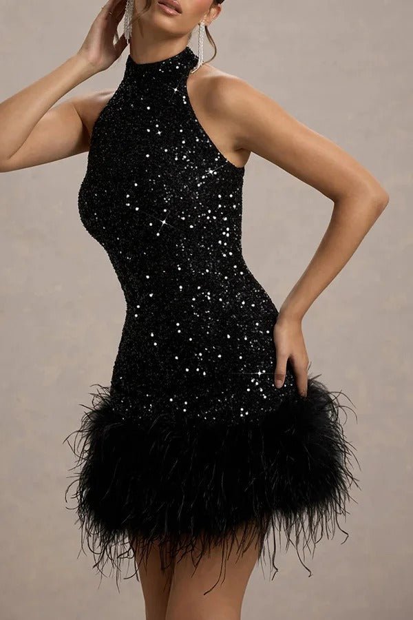 Sequin Dress Women Halterneck Mini Fit Glam Look - Hudson Harper - Dresses