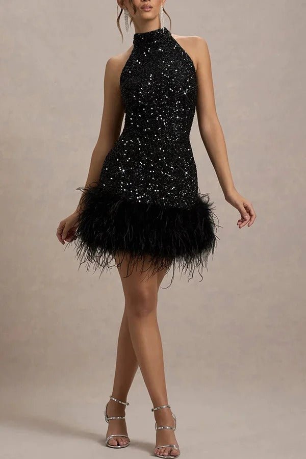 Sequin Dress Women Halterneck Mini Fit Glam Look - Hudson Harper - Dresses