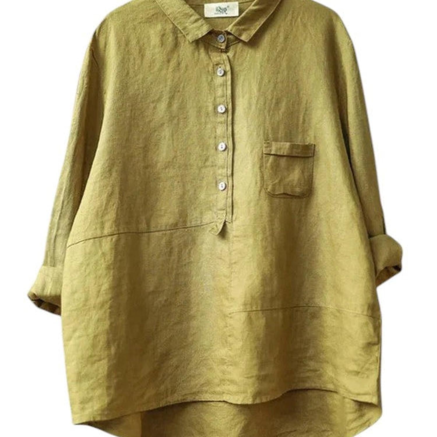 Shirt Women Cotton - Linen Long Sleeve Lapel Neck Relaxed Fit Solid Colour - Hudson Harper - Blouses