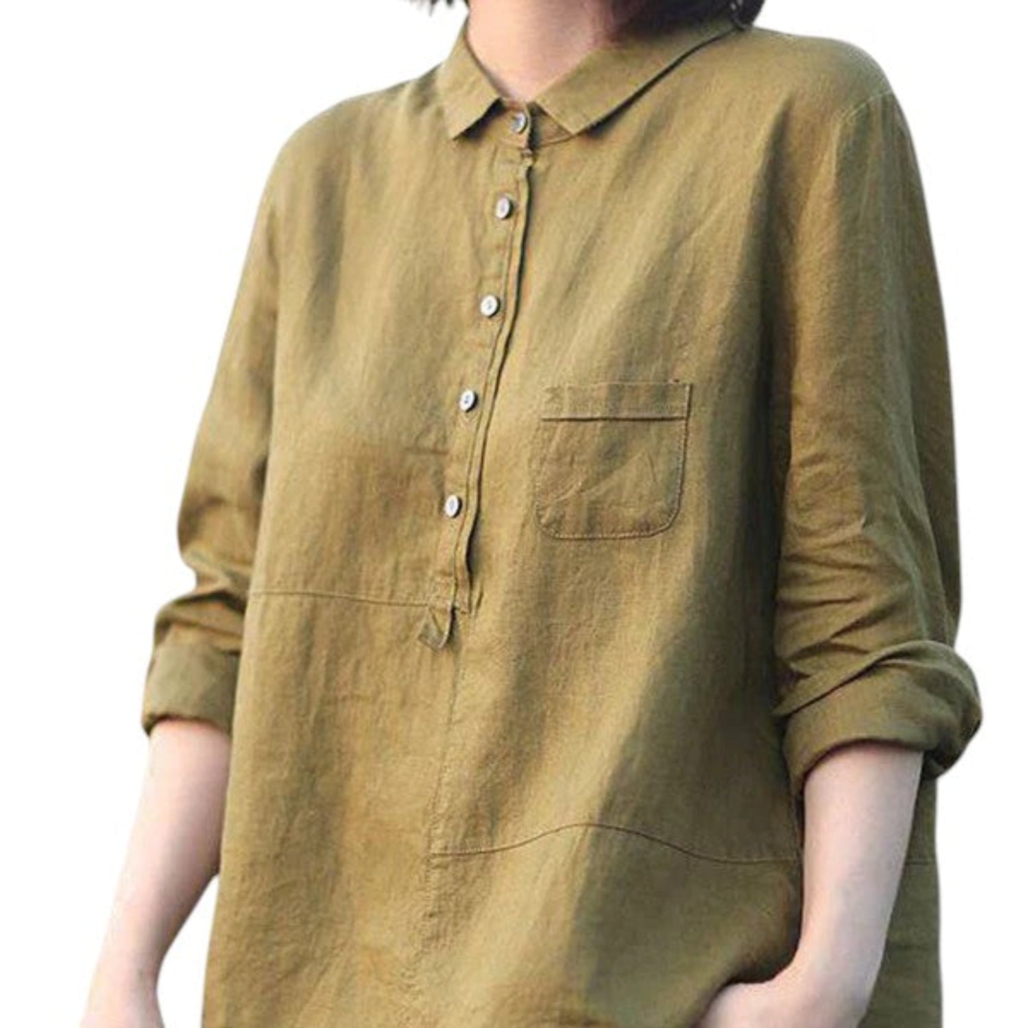 Shirt Women Cotton - Linen Long Sleeve Lapel Neck Relaxed Fit Solid Colour - Hudson Harper - Blouses