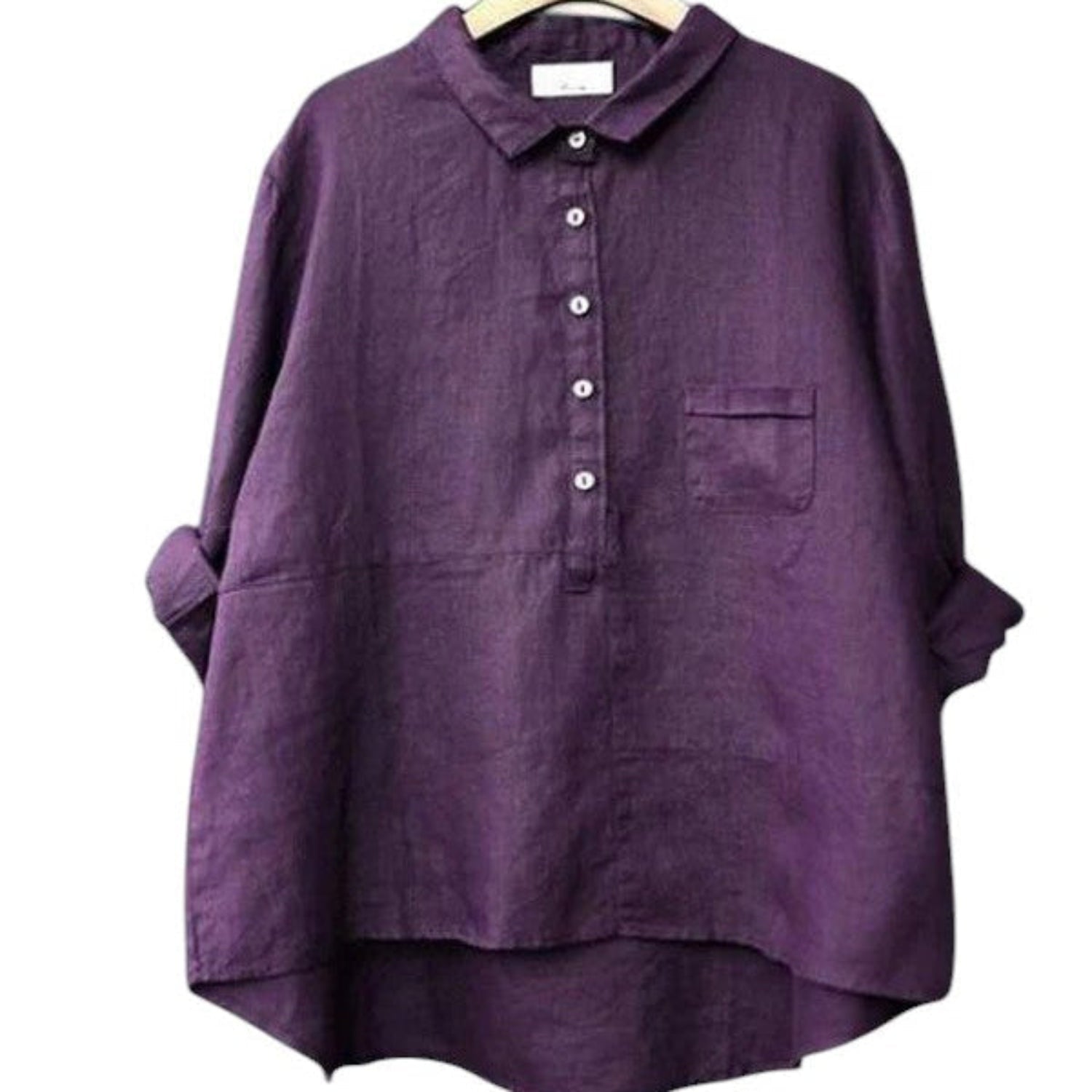Shirt Women Cotton - Linen Long Sleeve Lapel Neck Relaxed Fit Solid Colour - Hudson Harper - Blouses