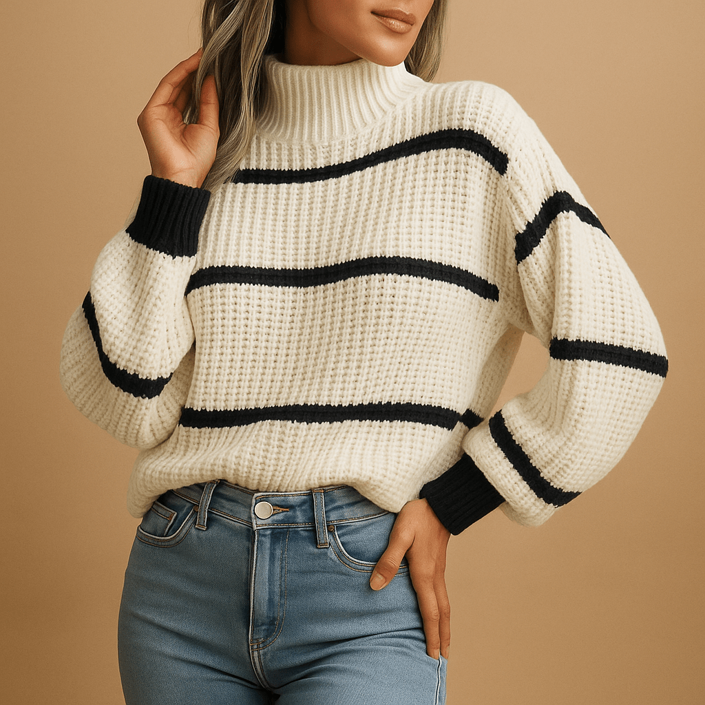 Sweater Women High Neck Long Sleeve Striped Pattern Loose Fit Cut - Hudson Harper - Women Sweaters