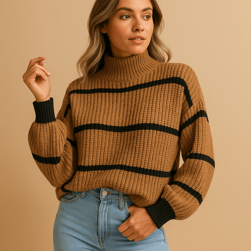 Sweater Women High Neck Long Sleeve Striped Pattern Loose Fit Cut - Hudson Harper - Women Sweaters