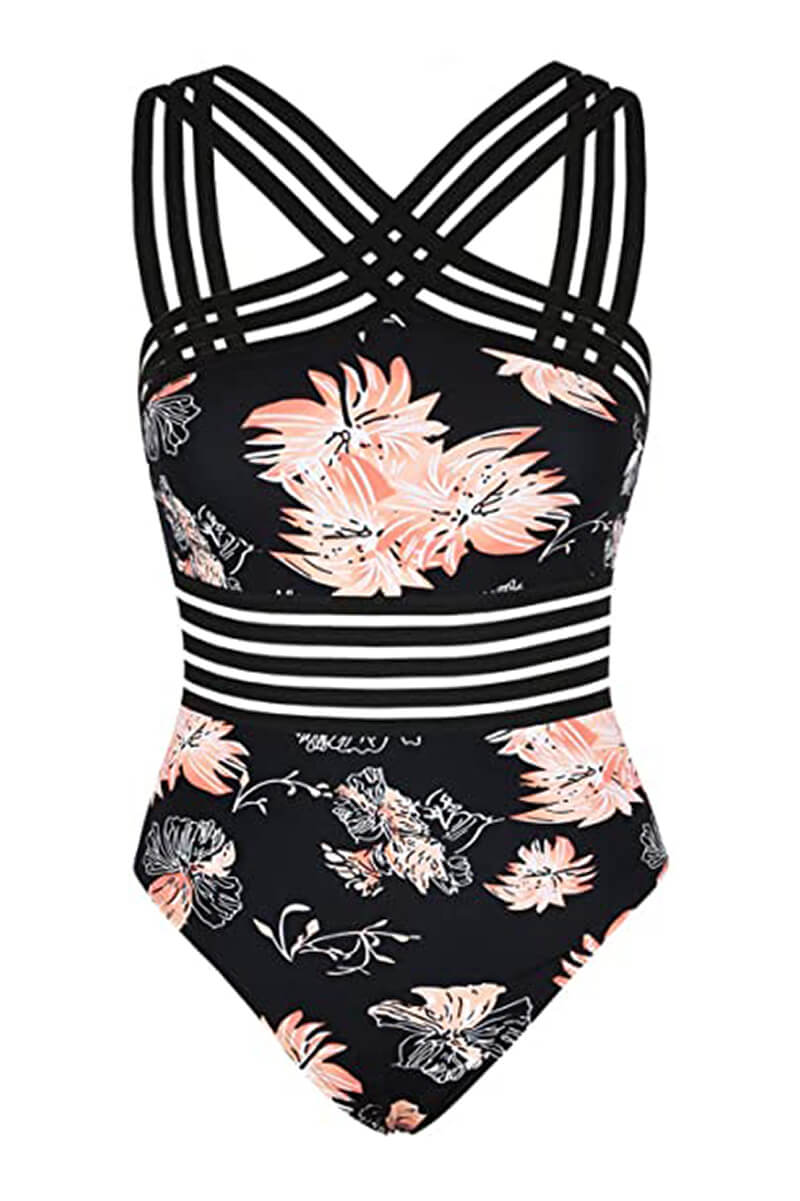 Swimsuit Women One Piece Halter Strappy Sheer Waist Panel - Hudson Harper - Women Swimsuit