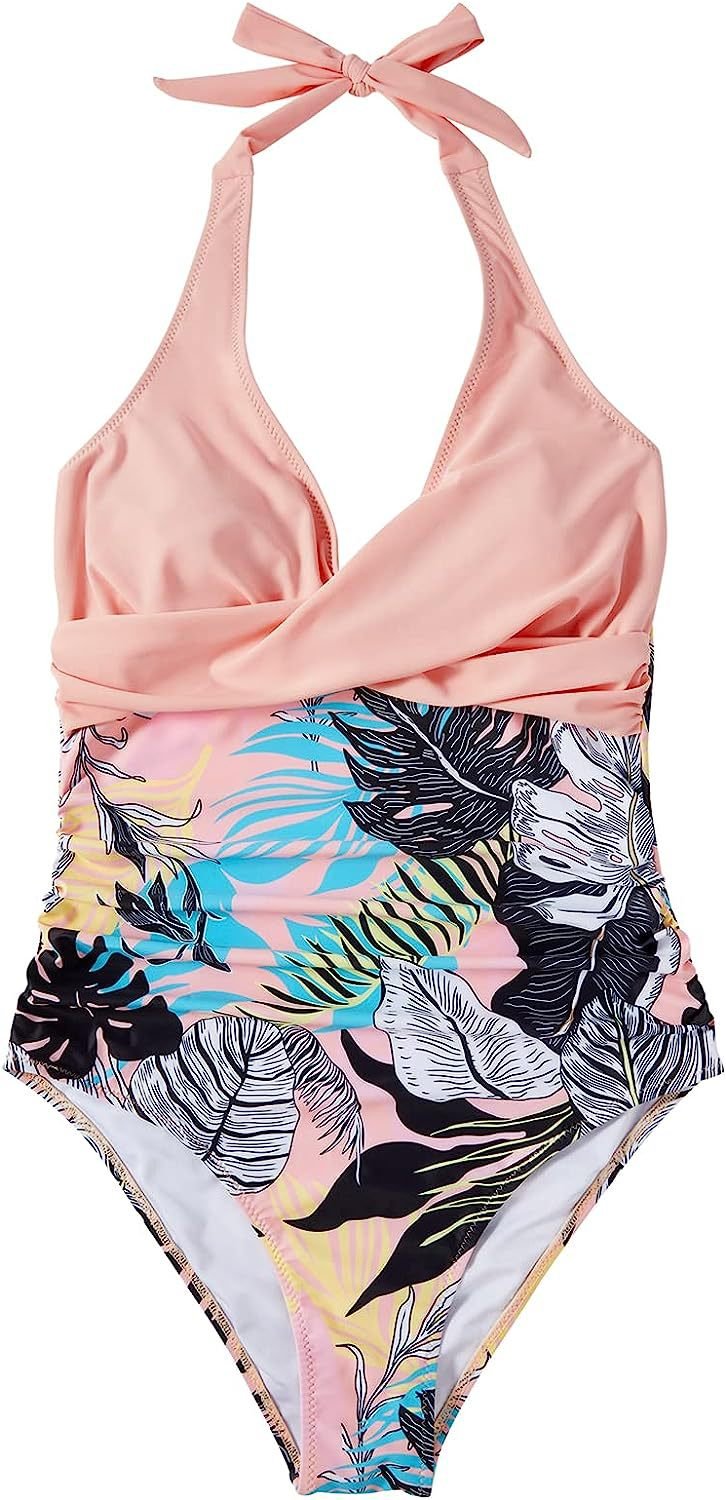 Swimsuit Women V Neck Halter Backless One Piece Ruched Waist - Hudson Harper - Women Swimsuit
