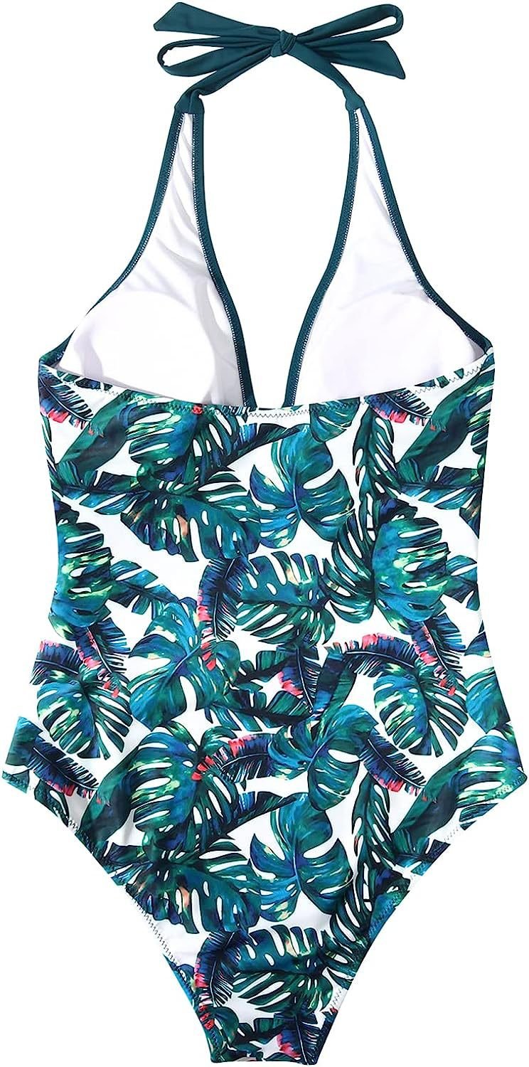 Swimsuit Women V Neck Halter Backless One Piece Ruched Waist - Hudson Harper - Women Swimsuit