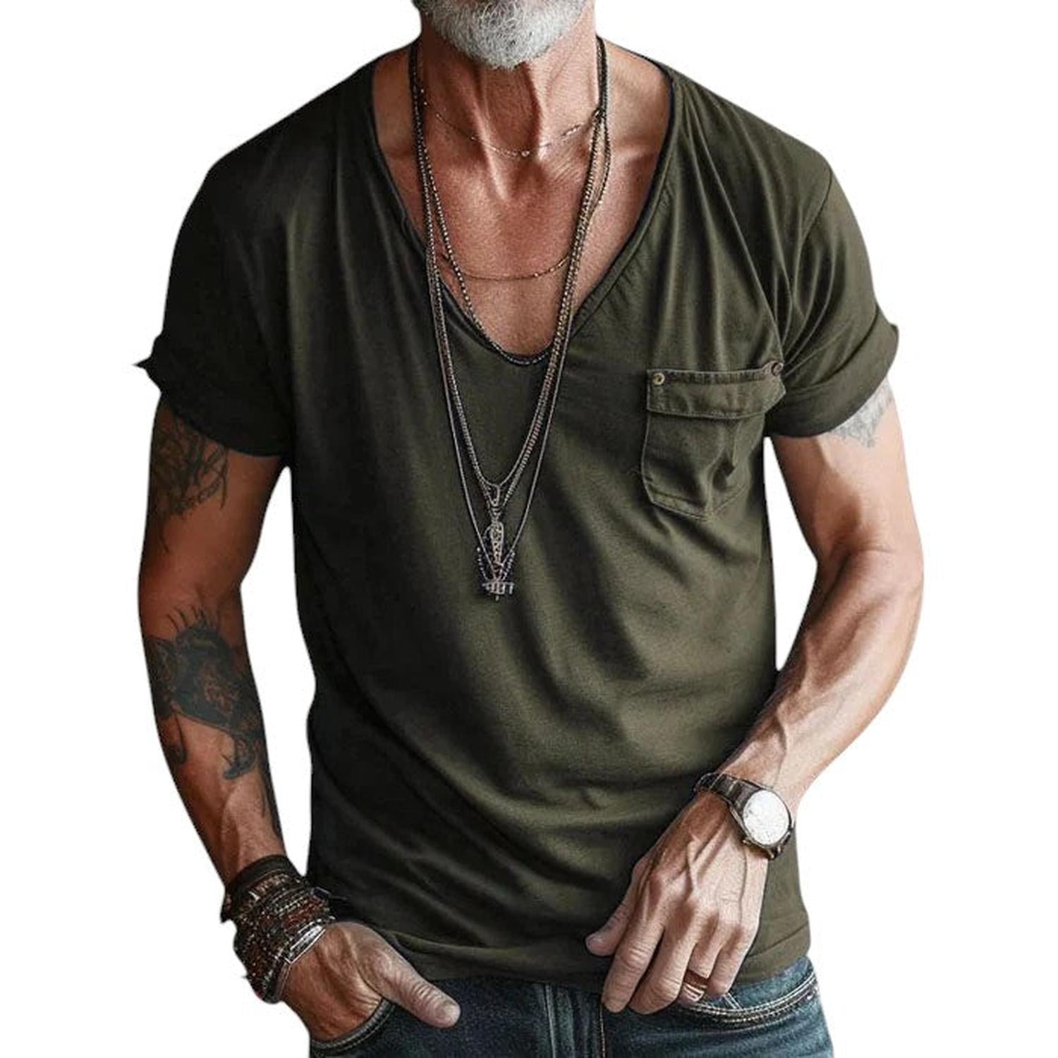 T-Shirt Men V - Neck Short Sleeve Rolled Cuffs Chest Pocket Casual Fit - Hudson Harper - Tops