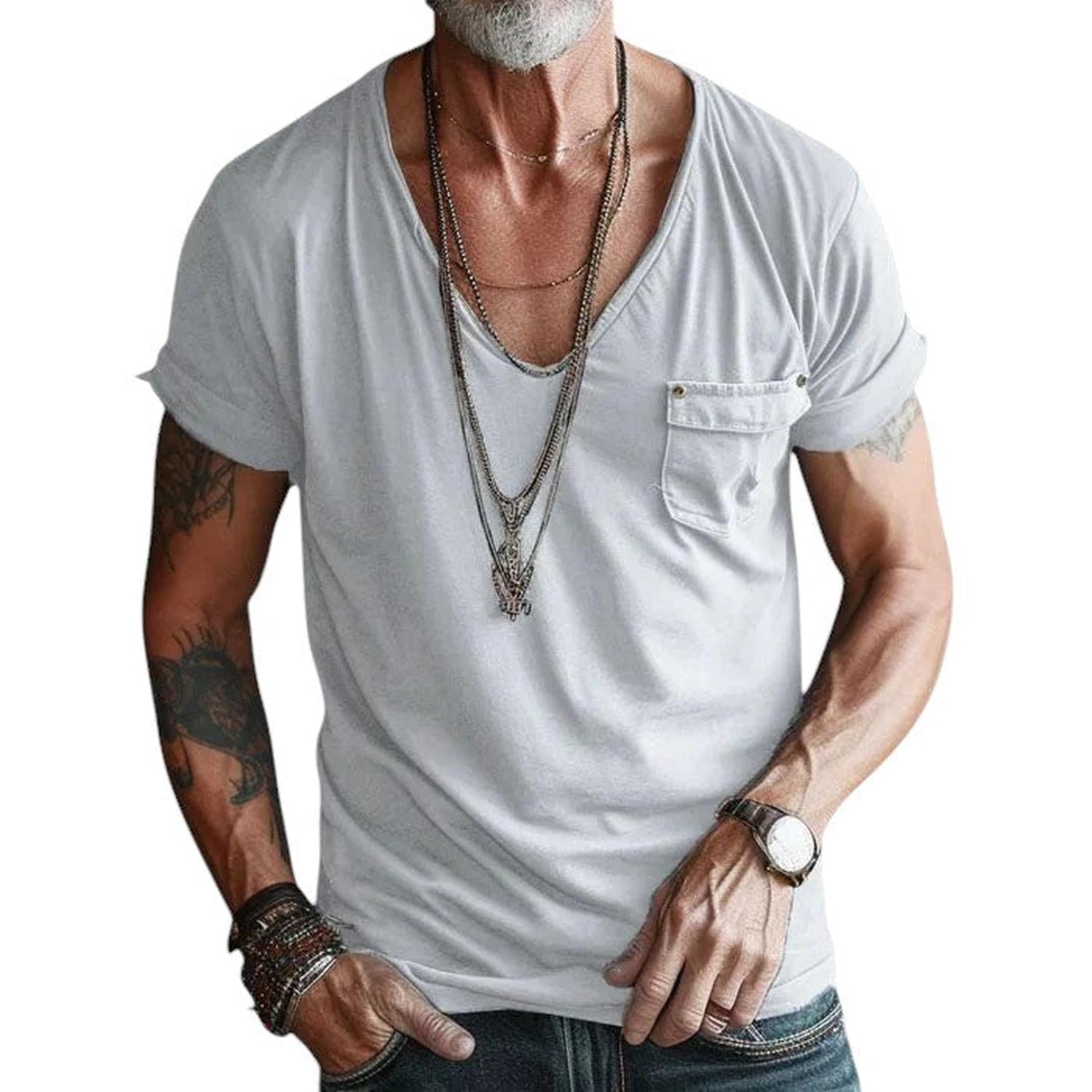 T-Shirt Men V - Neck Short Sleeve Rolled Cuffs Chest Pocket Casual Fit - Hudson Harper - Tops