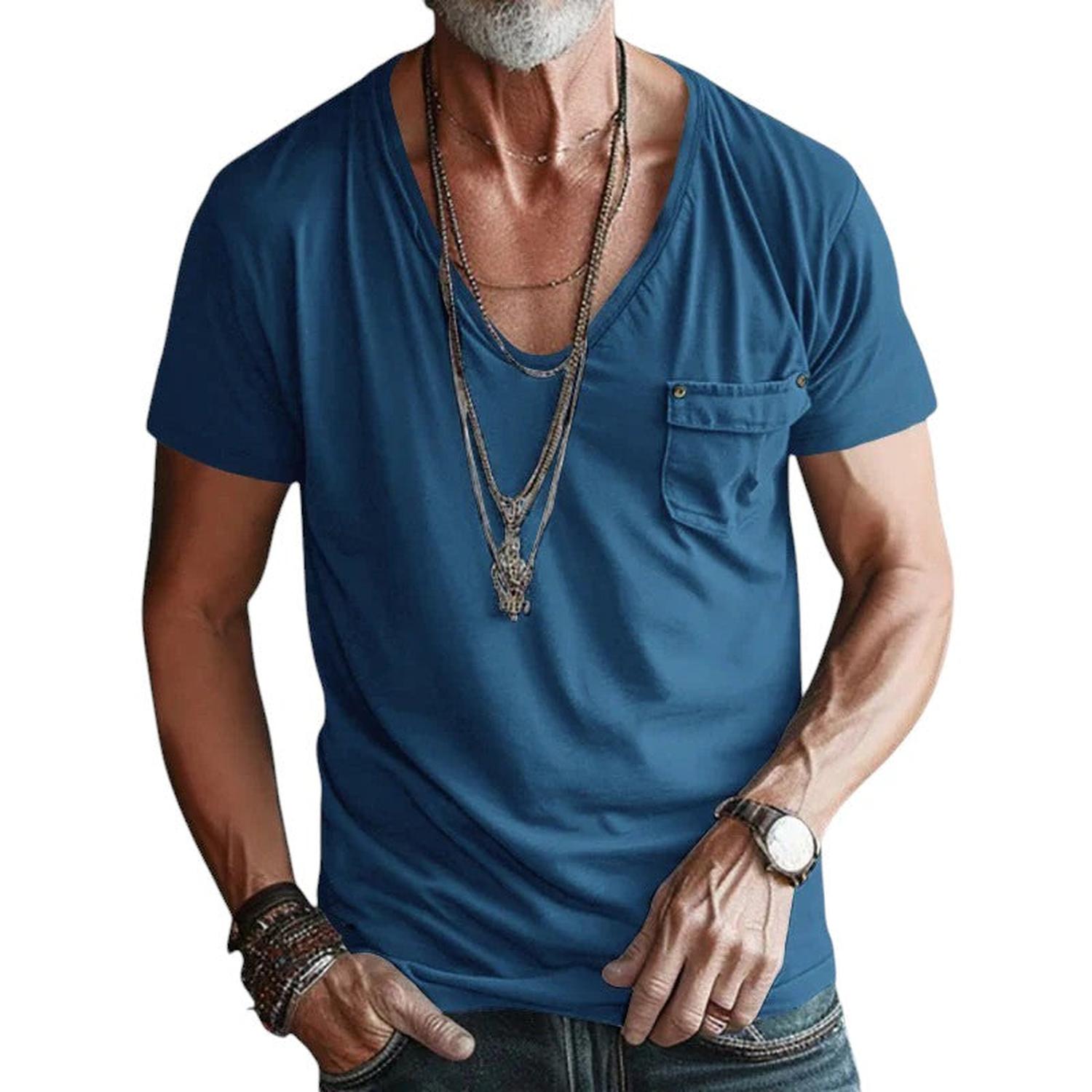 T-Shirt Men V - Neck Short Sleeve Rolled Cuffs Chest Pocket Casual Fit - Hudson Harper - Tops