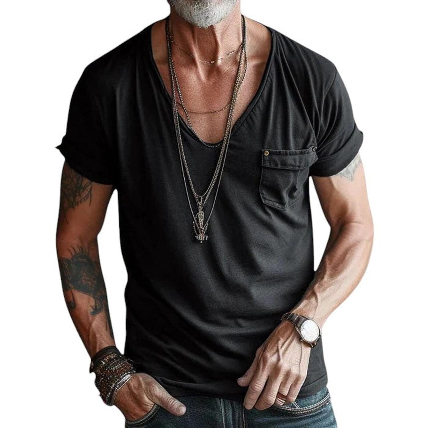 T-Shirt Men V - Neck Short Sleeve Rolled Cuffs Chest Pocket Casual Fit - Hudson Harper - Tops