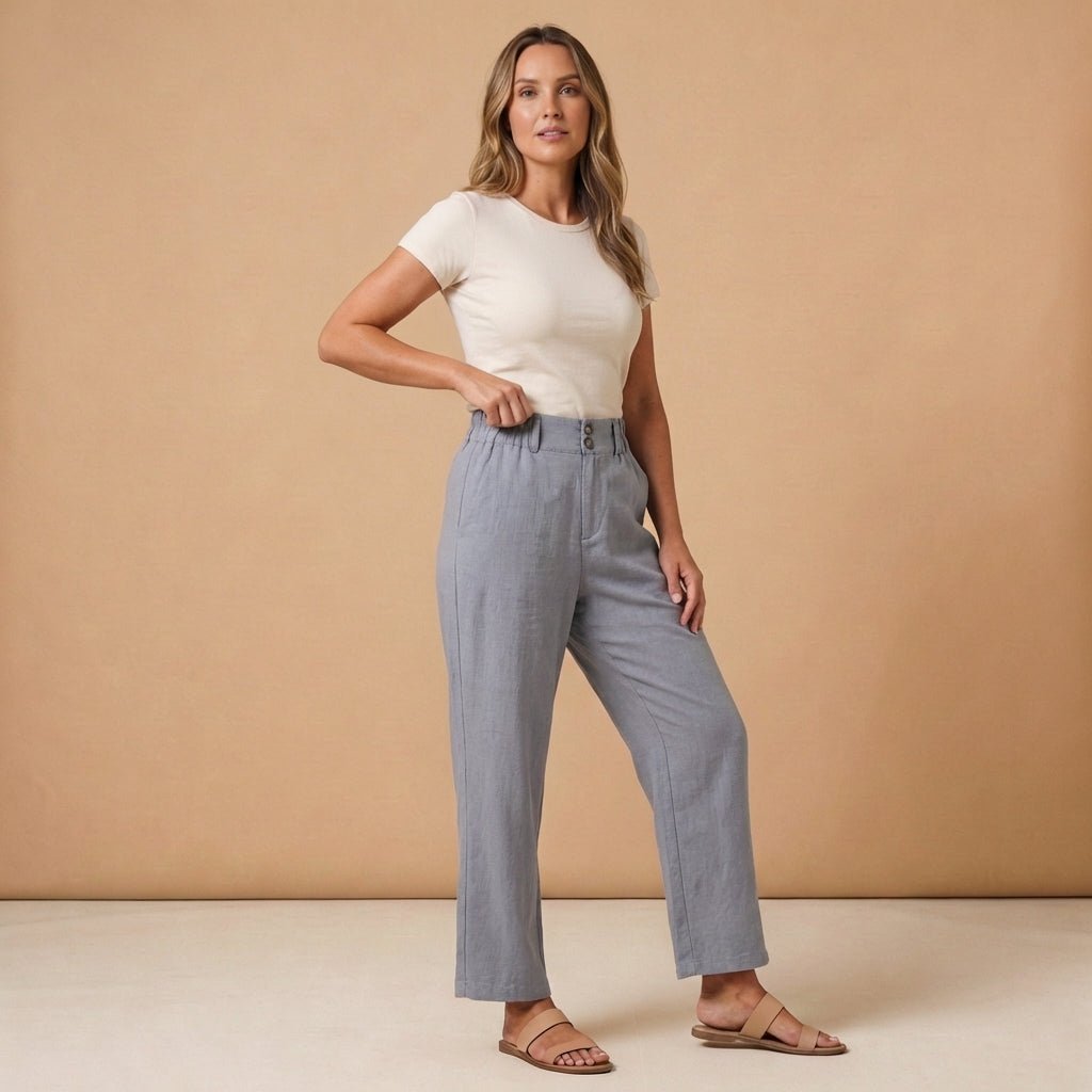 Trousers Women Linen High Waist Wide Fit Elasticated Waistband - Hudson Harper - Women Pants