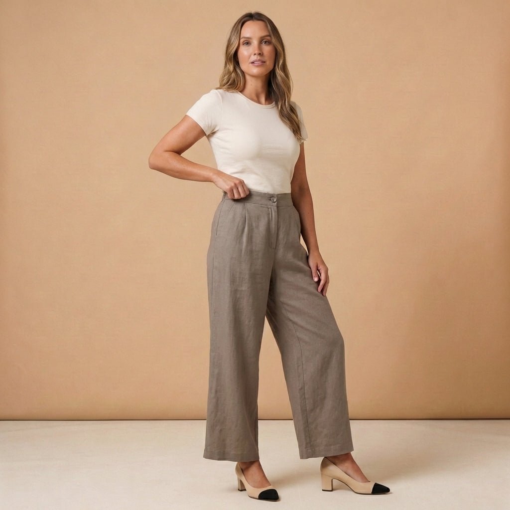 Trousers Women Linen High Waist Wide Leg Button Zip Closure - Hudson Harper - Women Pants